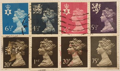 Top row: Machin regionals. Bottom row: Various denominations of black Machin. Note bottom left stamp is double-headed perfin